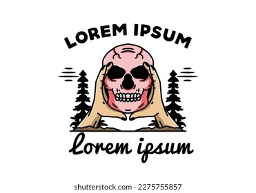 diseño de placa de ilustración de dos manos sosteniendo un cráneo