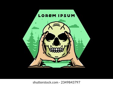 illustration badge design of two hand holding a skull