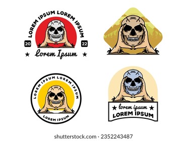 illustration badge design of two hand holding a skull