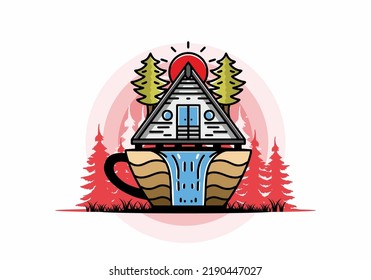 Illustration badge design of a Wood cabin and pine trees on the coffee cup shape with waterfall