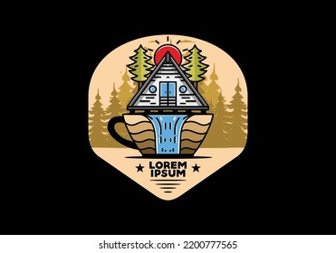 Illustration badge design of a Wood cabin and pine trees on the coffee cup shape with waterfall