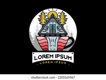 Illustration badge design of a Wood cabin and pine trees on the coffee cup shape with waterfall
