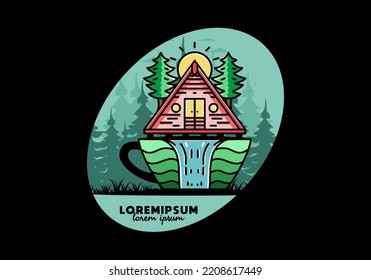 Illustration badge design of a Wood cabin and pine trees on the coffee cup shape with waterfall