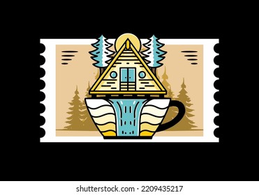 Illustration badge design of a Wood cabin and pine trees on the coffee cup shape with waterfall