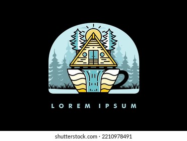 Illustration badge design of a Wood cabin and pine trees on the coffee cup shape with waterfall