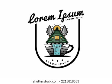 Illustration badge design of a Wood cabin and pine trees on the coffee cup shape with waterfall