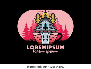 Illustration badge design of a Wood cabin and pine trees on the coffee cup shape with waterfall