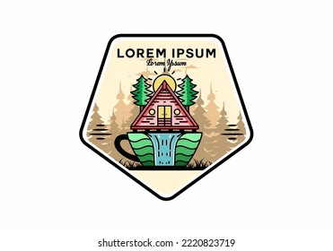Illustration badge design of a Wood cabin and pine trees on the coffee cup shape with waterfall