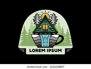 Illustration badge design of a Wood cabin and pine trees on the coffee cup shape with waterfall