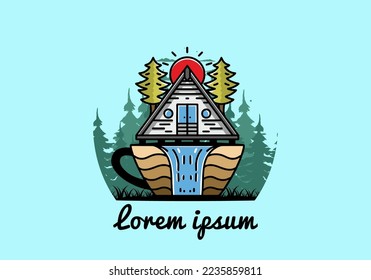 Illustration badge design of a Wood cabin and pine trees on the coffee cup shape with waterfall