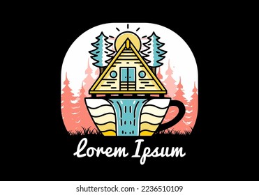 Illustration badge design of a Wood cabin and pine trees on the coffee cup shape with waterfall