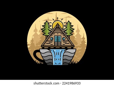 Illustration badge design of a Wood cabin and pine trees on the coffee cup shape with waterfall