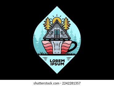 Illustration badge design of a Wood cabin and pine trees on the coffee cup shape with waterfall