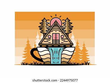 Illustration badge design of a Wood cabin and pine trees on the coffee cup shape with waterfall