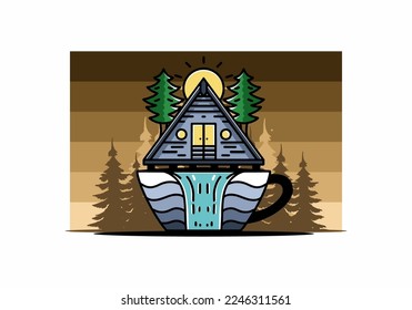 Illustration badge design of a Wood cabin and pine trees on the coffee cup shape with waterfall