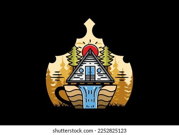 Illustration badge design of a Wood cabin and pine trees on the coffee cup shape with waterfall