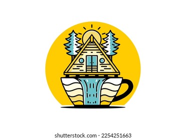 Illustration badge design of a Wood cabin and pine trees on the coffee cup shape with waterfall