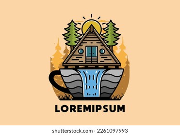 Illustration badge design of a Wood cabin and pine trees on the coffee cup shape with waterfall