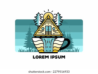 Illustration badge design of a Wood cabin and pine trees on the coffee cup shape with waterfall