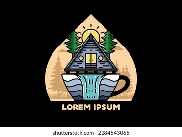 Illustration badge design of a Wood cabin and pine trees on the coffee cup shape with waterfall