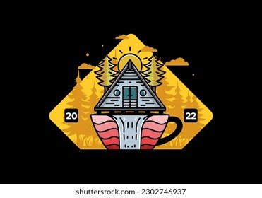 Illustration badge design of a Wood cabin and pine trees on the coffee cup shape with waterfall