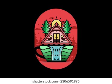 Illustration badge design of a Wood cabin and pine trees on the coffee cup shape with waterfall