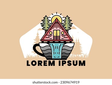 Illustration badge design of a Wood cabin and pine trees on the coffee cup shape with waterfall