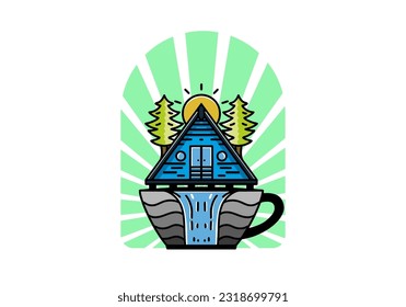 Illustration badge design of a Wood cabin and pine trees on the coffee cup shape with waterfall