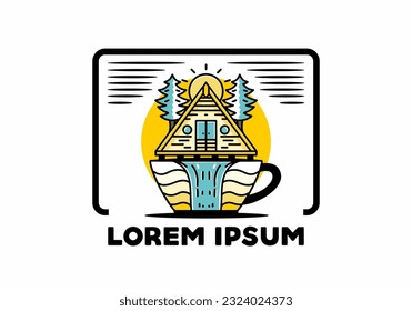 Illustration badge design of a Wood cabin and pine trees on the coffee cup shape with waterfall