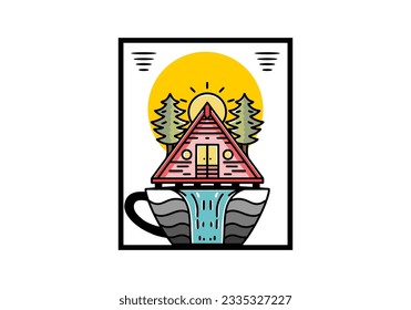 Illustration badge design of a Wood cabin and pine trees on the coffee cup shape with waterfall