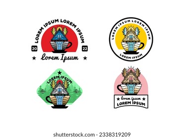 Illustration badge design of a Wood cabin and pine trees on the coffee cup shape with waterfall
