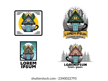 Illustration badge design of a Wood cabin and pine trees on the coffee cup shape with waterfall