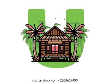 illustration badge design of a Wood house on the beach