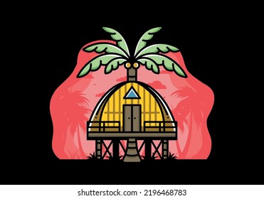 Illustration badge design of a Wooden house with big coconut tree