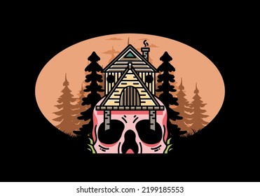 Illustration badge design of a wooden house with skull