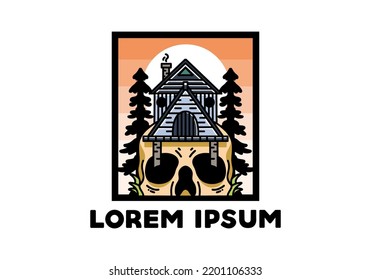 Illustration badge design of a wooden house with skull