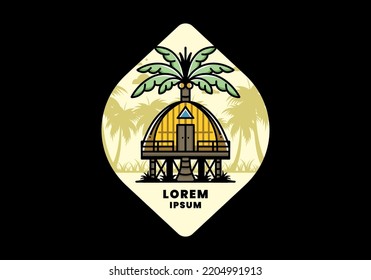Illustration badge design of a Wooden house with big coconut tree
