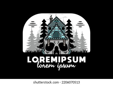 Illustration badge design of a wooden house with skull