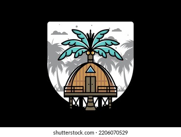 Illustration badge design of a Wooden house with big coconut tree