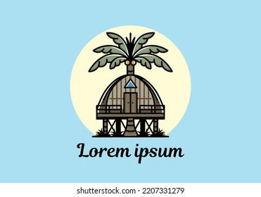 Illustration badge design of a Wooden house with big coconut tree
