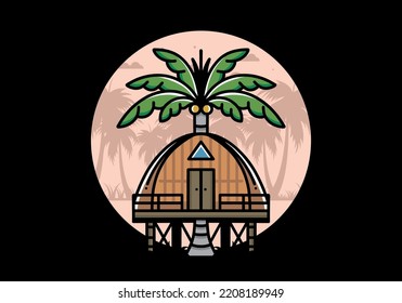 Illustration badge design of a Wooden house with big coconut tree