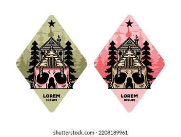 Illustration badge design of a wooden house with skull