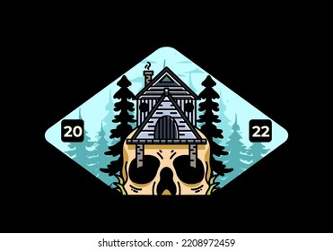 Illustration badge design of a wooden house with skull