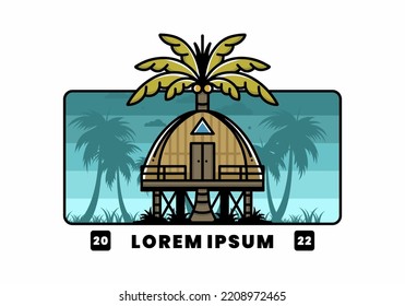 Illustration badge design of a Wooden house with big coconut tree