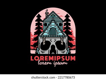 Illustration badge design of a wooden house with skull