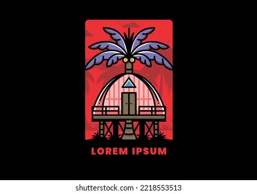 Illustration badge design of a Wooden house with big coconut tree
