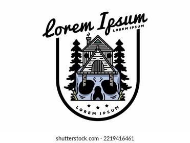 Illustration badge design of a wooden house with skull