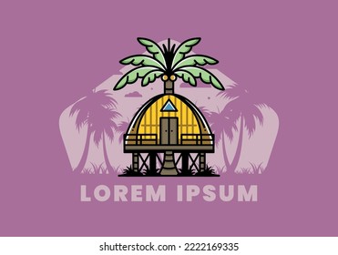 Illustration badge design of a Wooden house with big coconut tree