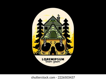 Illustration badge design of a wooden house with skull