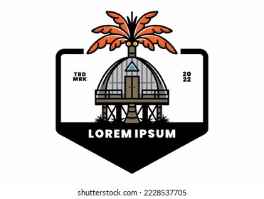 Illustration badge design of a Wooden house with big coconut tree
